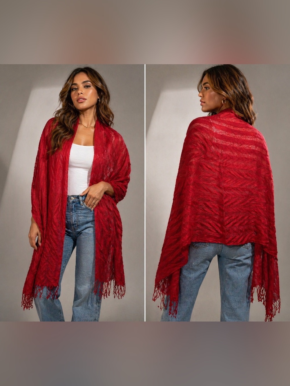 Red Chevron Textured Fringe Scarf | Shaw |Leightweight Wrap Shaw | Holiday Scarf